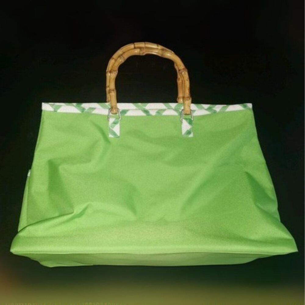 Clinique Tote Bag Green White Handbag Wooden Bamboo Style Handel Lightweight - Picture 2 of 8